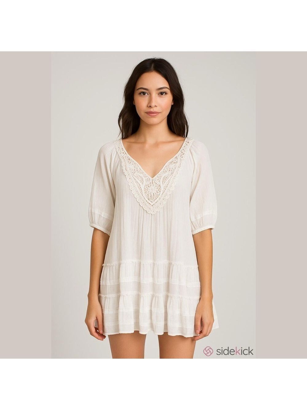 Umgee Size S white babydoll minidress. Peasant flirty crochet lace bohemian - Picture 4 of 9